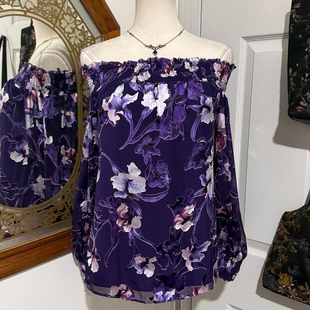 White House Black Market Purple Silk Blend Floral Burnout Off the Shoulder Top - Picture 3 of 8